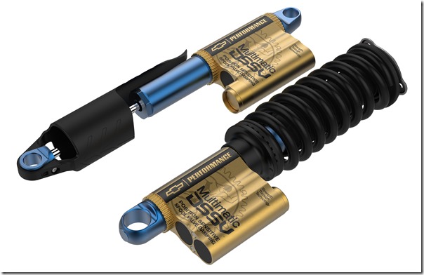 The exterior of Chevrolet’s ZR2 Multimatic DSSV Position Sensitive Spool Valve Dampers. In all views, the damper with the coil spring is for the truck front, and the one with the protective sleeve is for the truck rear.